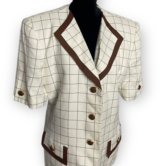 Vintage Kasper  ASL Womens Brown Cream Blazer Blouse Size Large Grid Print Top - Picture 2 of 11